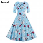 Tonval Women Floral 1950s 60s Pleated Dress Half Sleeve 2017 Summer Vintage Dresses Plus Size 4XL Hepburn Pink Dress