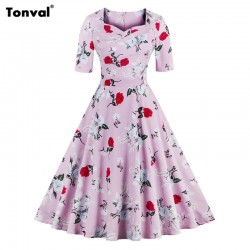 Tonval Women Floral 1950s 60s Pleated Dress Half Sleeve 2017 Summer Vintage Dresses Plus Size 4XL Hepburn Pink Dress