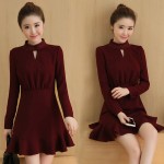 Top qulity 2016 autumn Korean vintage high waist Wine red women Slim dress sexy cute office chiffon High-necked ladies dresses