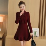 Top qulity 2016 autumn Korean vintage high waist Wine red women Slim dress sexy cute office chiffon High-necked ladies dresses
