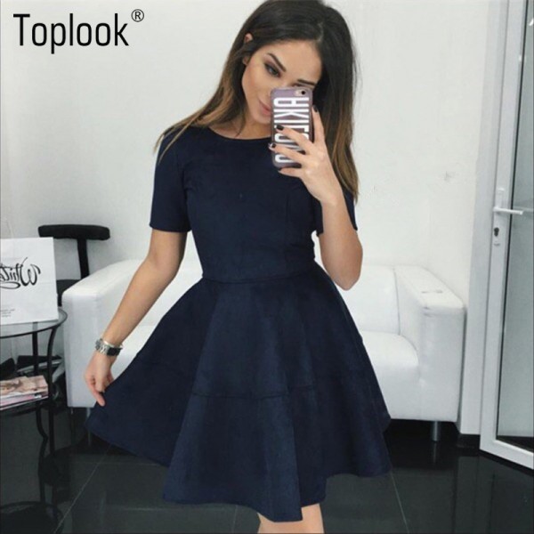 Toplook Blue Pleated Dress Short Sleeve Vintage Suede O-Neck Summer Sundress Women Sexy Party Vestidos Women Mini Short Dress