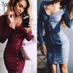 Toplook Spring Faux Suede Dress Bodycon Single Breasted Women Long Sleeve Robe Vintage Vestidos Blue Short Casual Office Dress 