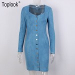 Toplook Spring Faux Suede Dress Bodycon Single Breasted Women Long Sleeve Robe Vintage Vestidos Blue Short Casual Office Dress 