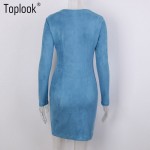 Toplook Spring Faux Suede Dress Bodycon Single Breasted Women Long Sleeve Robe Vintage Vestidos Blue Short Casual Office Dress 