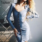 Toplook Spring Faux Suede Dress Bodycon Single Breasted Women Long Sleeve Robe Vintage Vestidos Blue Short Casual Office Dress 