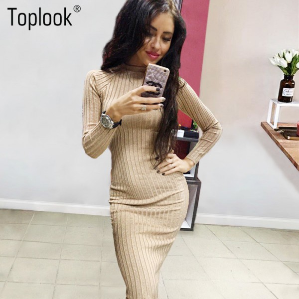 Toplook Sweater Dress Bodycon Long Sleeve Office Elegant Sexy Dress Long O-Neck Women Knitted Dress Robe Runway Fashion 2017