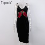 Toplook Velvet Dress Rose Embroidery Vintage Deep V Neck Slim Bandage Off Shoulder Dresses Sexy Strap Black Midi Bodycon Dress