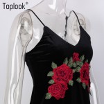 Toplook Velvet Dress Rose Embroidery Vintage Deep V Neck Slim Bandage Off Shoulder Dresses Sexy Strap Black Midi Bodycon Dress