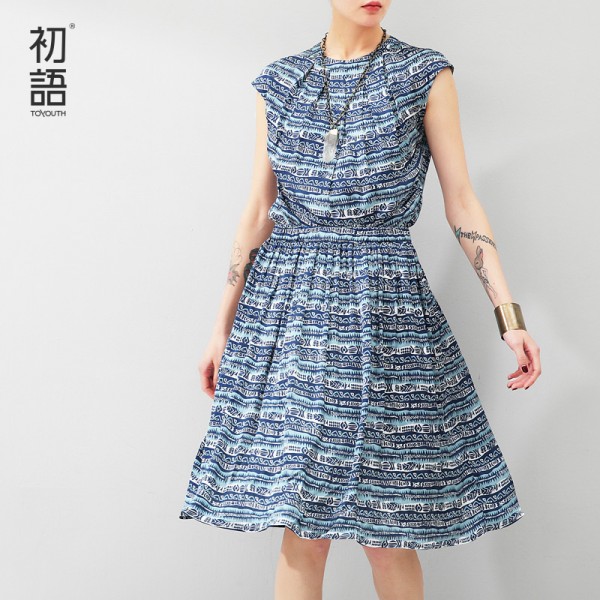 Toyouth 2017 Fashion Summer Style Chiffon Dress Women Maxiskit  Printing A-line Knee-Length Dress