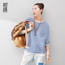 Toyouth 2017 New Arrival Fashion Women T-Shirts Long Batwing Sleeve Striped Base Casual Tees Cotton Woven O-Neck Tops