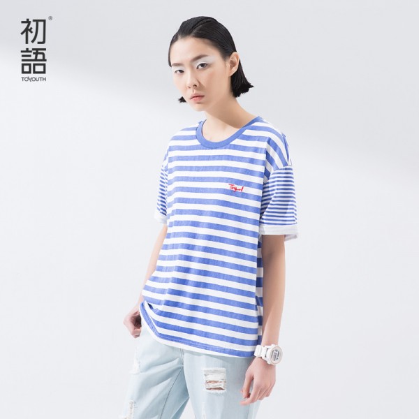 Toyouth 2017 New Arrival Spring Summer T-Shirts Short Striped O-Neck Causal Lady Fashion Print Letter Women Cotton Loose