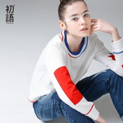 Toyouth 2017 New Arrival T-Shirts Autumn Women Casual Cotton Long Letter Patchwork O-Neck Top