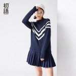 Toyouth 2017 New Arrival Women Casual Cotton Dresses Autumn Striped Patchwork O-Neck Pleated Dresses
