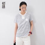 Toyouth 2017 New Arrival Women Summer T-shirt Casual O-Neck Stripe Shirt Female Button Pocket Loose Cotton Shirt