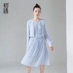 Toyouth 2017 Spring New Arrival Women Cute A-Line Solid Full Sleeve Draped Knee Length O-Neck Collar Dresses