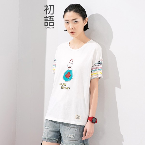 Toyouth 2017 Summer New Arrival Female T-Shirts Cartoon Print Preppy Style O-Neck Short-SleeveT-Shirt Women Loose Casual Tops