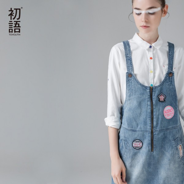 Toyouth 2017 Summer New Arrival Women Suspender Dress Denim Preppy Style One-Piece Dress Lady Knee-Length Sleeveless Dress