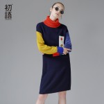 Toyouth 2017 Winter Dress Women New Heaps Collar Color Contrast Straight Medium Long Sweater Dress