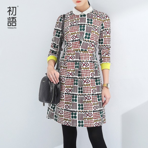Toyouth 2017 Women Winter Pattern Printed O-Neck Dress A-Line Slim Three Quarter Dresses Ladies Knee-Length Dress
