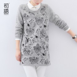 Toyouth 2017 Women Winter Wool Knitted  Long-Sleeve Dress POLO Collar Print Medium Female Dress