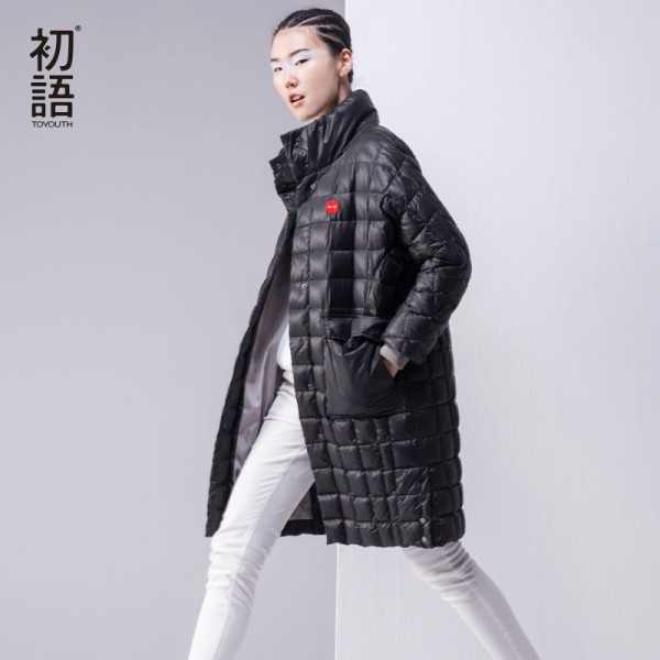 Toyouth Autumn & Winter Long Style Parkas Women Botton Collarless Thicken Loose Coats Female