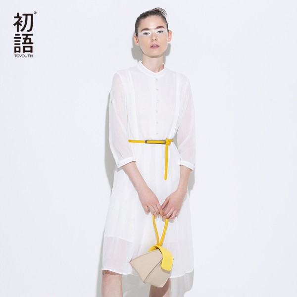 Toyouth Dress 2017 Spring New Women Casual  Three Quarter Sleeve Stand Collar Elegant Long White Chiffon A-Line Dresses