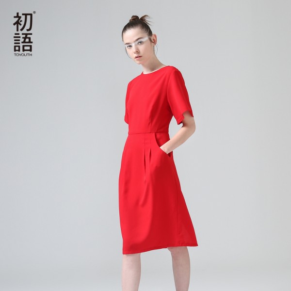 Toyouth Dress 2017 Spring New Women Casual Slim Solid Color O-Neck Short Sleeve Long Chiffon Dresses
