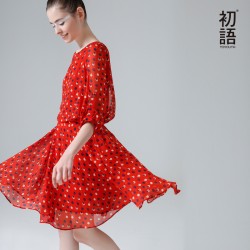 Toyouth Elegant Women Vintage O-Neck Dress Half Sleeve Polka Dot Printed Chiffon Casual Elastic Waist Bohemian Beach Dresses