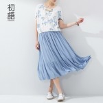 Toyouth New Women Summer Dresses Solid Flower Print Patchwork Batwing Sleeve Dress Ladies Loose Mid-Calf Slim Dress
