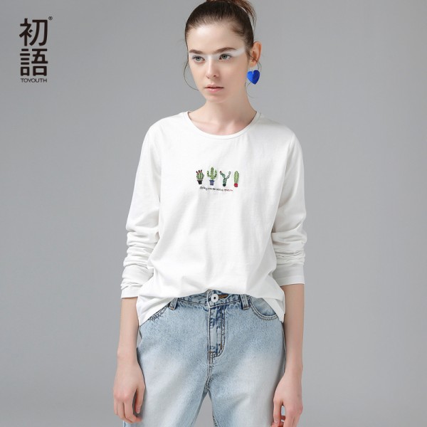 Toyouth T-Shirts 2017 Spring Women Cactus Embroidery Casual Cotton Long Sleeve Loose O-Neck  Ladies Tees Tops