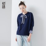Toyouth T-Shirts 2017 Spring Women Stripe Patchwork Bowknot Vintage Casual Long Sleeve Fake Two Pieces Tees Tops