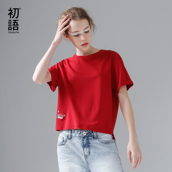 Toyouth T-Shirts 2017 Summer Women T Shirt Cotton Casual Embroidery Solid Color Short Sleeve O-Neck Tees Tops