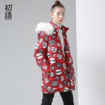 Toyouth Winter Duck Down Mid-Length Slim Hoodies Letter Printed Outerwear Fur Collar Fashion Coat