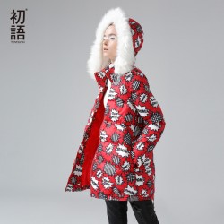 Toyouth Winter Duck Down Mid-Length Slim Hoodies Letter Printed Outerwear Fur Collar Fashion Coat