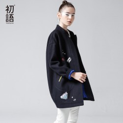 Toyouth Winter New Wool Blends Women Preppy Style Embroidery Medium Long Coats Slim Single Breasted Outwears