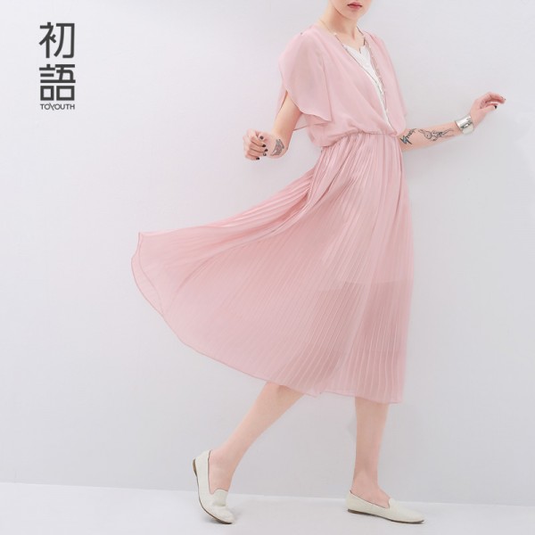 Toyouth Women Chiffon Dress Elgant A-Line Pleated Mid Calf Solid O-Neck Dress Lady Formal Dress Party Dating Dress