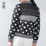 Toyouth Women Fashion Stand Collar Short Coat Polka Dot Down Jacket Long-sleeve Casual Stripe Outerwear