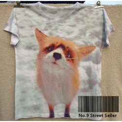 Track Ship+Vintage Retro Good Feeling T-shirt Top Tee Cute Little Fox in Snow Snowfield Watching You 0292
