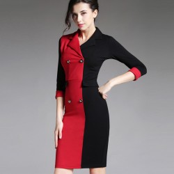 Turn-down Collar Sexy V Neck Pencil Contrast Color Fashion Autumn Winter Womens Casual Business Office Dress For Work B273