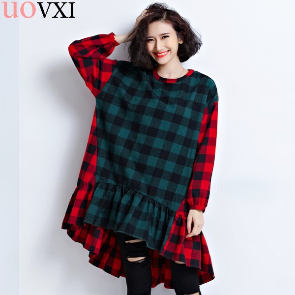 UOVXI Women Plus Size Dress Autumn Cotton Plaid Print Blouse Fashion Female Big Size Loose Patchwork Red Green O-Neck Tops&Tees
