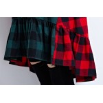 UOVXI Women Plus Size Dress Autumn Cotton Plaid Print Blouse Fashion Female Big Size Loose Patchwork Red Green O-Neck Tops&Tees