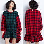 UOVXI Women Plus Size Dress Autumn Cotton Plaid Print Blouse Fashion Female Big Size Loose Patchwork Red Green O-Neck Tops&Tees