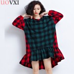 UOVXI Women Plus Size Dress Autumn Cotton Plaid Print Blouse Fashion Female Big Size Loose Patchwork Red Green O-Neck Tops&Tees