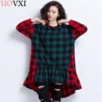 UOVXI Women Plus Size Dress Autumn Cotton Plaid Print Blouse Fashion Female Big Size Loose Patchwork Red Green O-Neck Tops&Tees