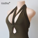 UZZDSS Magic Dressing Women's Halter Deep V Backless Choker Mock Neck Club Evening Party Sexy Bodycon Dress Vestidos Olive Khaki