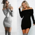 UZZDSS Winter off shoulder knitted bodycon dress Women long sleeve autumn sexy dress 2017 party short white dresses vestidos