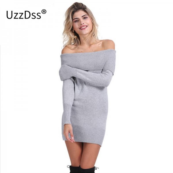 UZZDSS Winter off shoulder knitted bodycon dress Women long sleeve autumn sexy dress 2017 party short white dresses vestidos