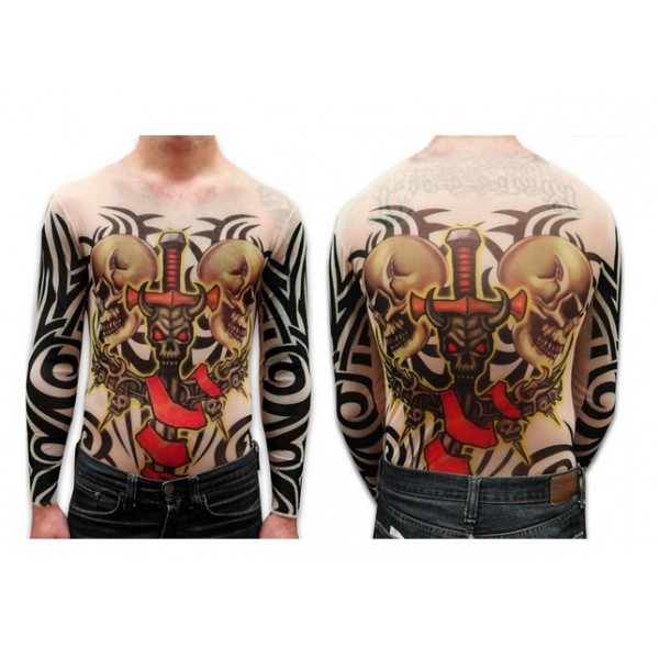 Unisex Demon Sword and Skulls Full Body Tattoo Shirt Long Sleeves For Men Free Shipping 2017 New Fashion Summer