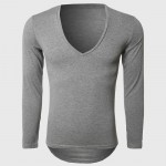 V Neck T-Shirt Men Long Sleeve T Shirt Male Solid Slim Fit Top Tees Cool Fashion Curved Hem