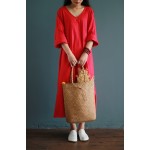 V-collar cotton linen long gown New 2016 autumn half-sleeve loose waist casual dresses for female Vintage dresses white,red